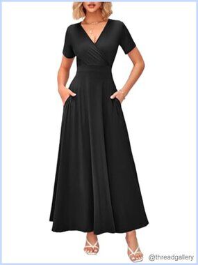 Women's Summer Maxi Wrap Dress Short Sleeve V-Neck Pockets